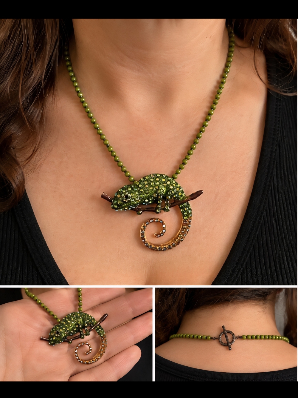 Green Chameleon Pendant Necklace - Unbranded